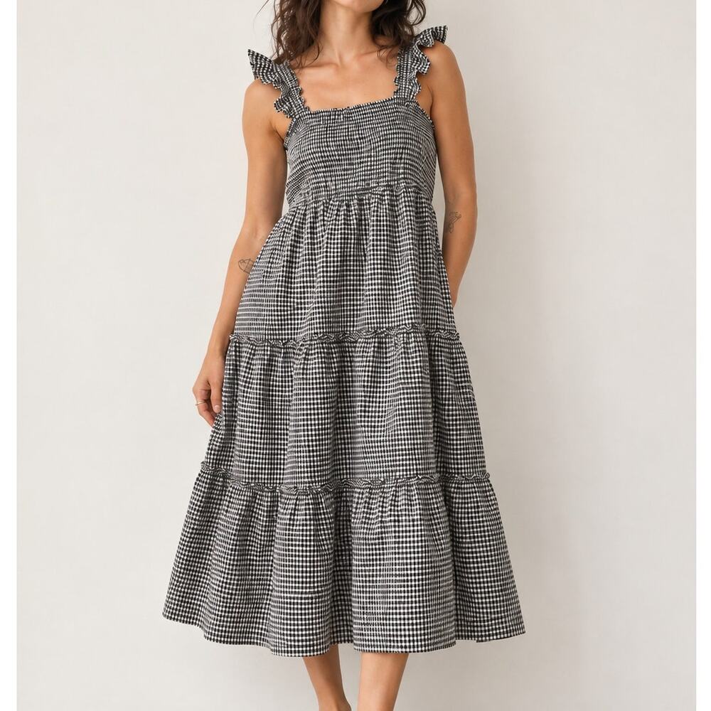 Sugar + Lips Gingham Smocked Midi Dress Ruffle Tiered Cottagecore Size L Prairie